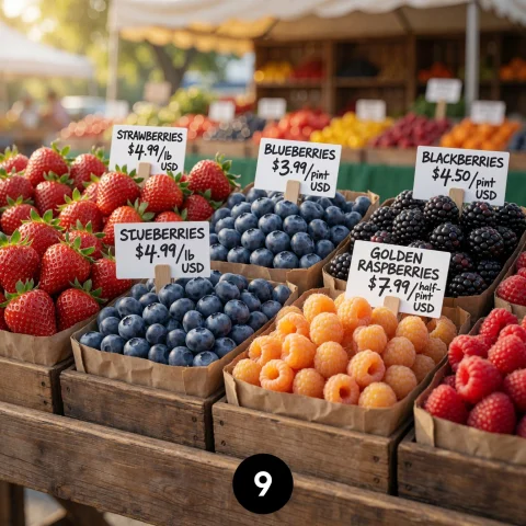 A Vibrant Close-up Macro Shot Of A Farmers Market Berry Disp... — Stable Diffusion AI Prompt: A vibrant close-up macro shot of a farmers market berry display, overflowing rus...