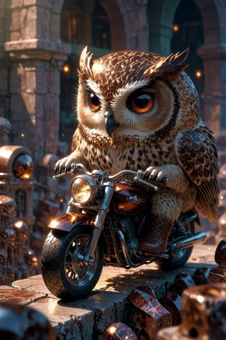 , A Breathtaking Macro Photograph Of A Cute Real Brown Owl R... — Stable Diffusion AI Prompt: , A breathtaking macro photograph of a cute real brown owl riding a tiny motorcy...
