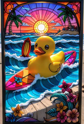 A 3dm Rubber Duck In The Ocean At Sunset, Over A Surfboard,... — SDXL AI Prompt: a 3dm rubber duck In the ocean at sunset, over a surfboard, surfing, novuschroma...