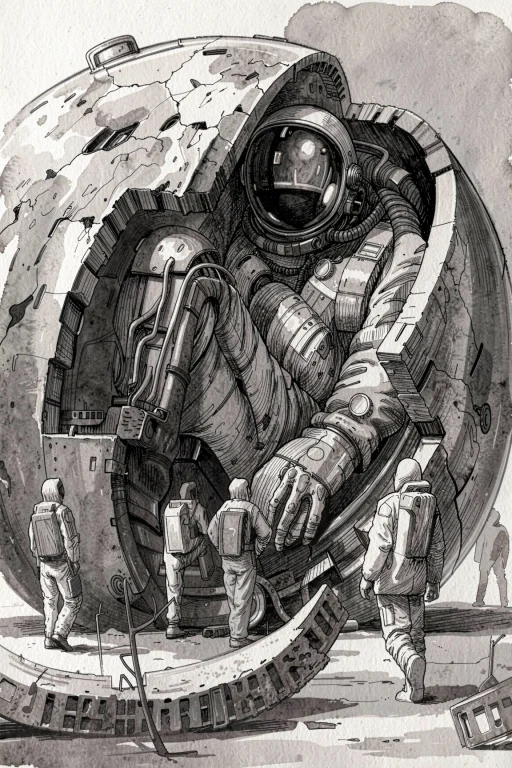An Astronaut Sits Inside A Large, Cracked Space Capsule On T...