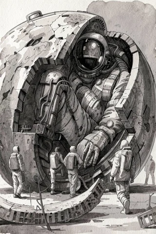 An Astronaut Sits Inside A Large, Cracked Space Capsule On T... — FLUX AI Prompt: An astronaut sits inside a large, cracked space capsule on the ground while thre...