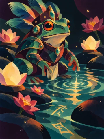 Vtxserrave, A Small Emerald Frog Oracle Stands Ankle-deep In... — Stable Diffusion AI Prompt: vtxserrave, A small emerald frog oracle stands ankle-deep in a sacred subterrane...