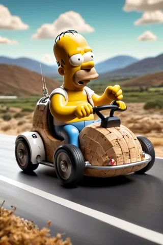 Homer Simpson Driving A Futuristic Vehicle, Surreal, Scenery... — SDXL AI Prompt: Homer SImpson driving a futuristic vehicle, surreal, scenery, landscape, movemen...