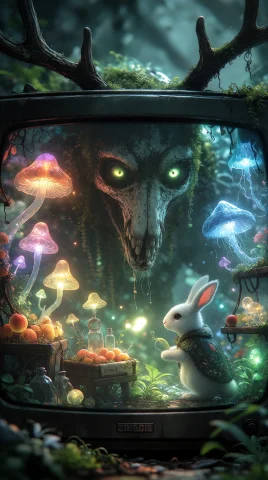 Inside A Vintage Crt Television A Secret Woodland Markettran... — Stable Diffusion AI Prompt: Inside a vintage CRT television: a secret woodland market—translucent mushrooms,...