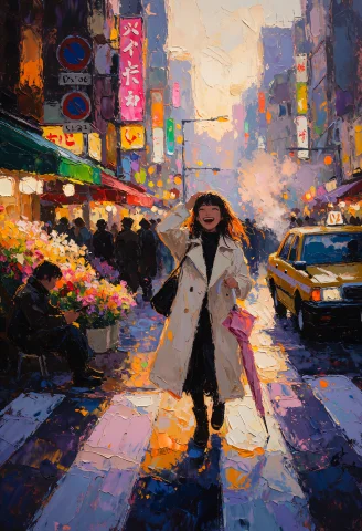 A Thick Impasto Oil Painting Of A Young Woman In A Cream Tre... — Stable Diffusion AI Prompt: A thick impasto oil painting of a young woman in a cream trench coat laughing on...