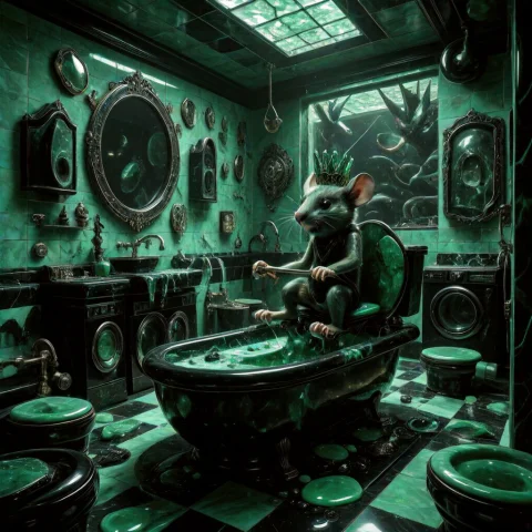 A Hilarious Chaotic Scene Inside A Fully Visible Bathroom Wh... — SDXL AI Prompt: A hilarious chaotic scene inside a fully visible bathroom where EVERYTHING is ma...