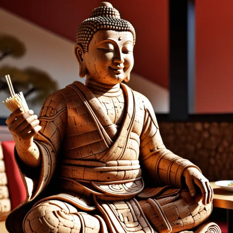 From Side, Closeup Tan Color Cork Male Buddha Statue, Take A... — SDXL AI Prompt: from side, closeup Tan Color Cork male buddha statue, Take a seat, laughing, joy...