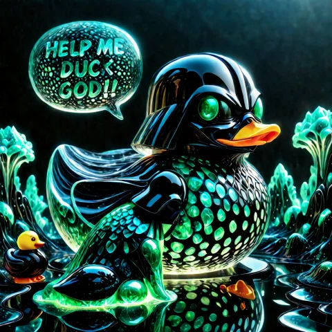 Darth Vader And A Jade Rubber Duck Friend Made Of Glass, Smo... — SDXL AI Prompt: Darth Vader and a jade Rubber duck friend made of glass, smooth shapes, high con...