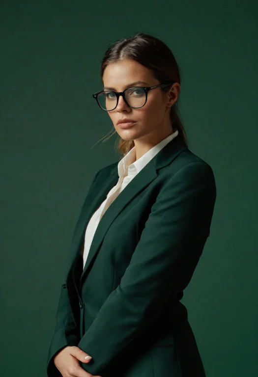 Portrait Of Woman In Glasses And Suit, Dark Green Background...