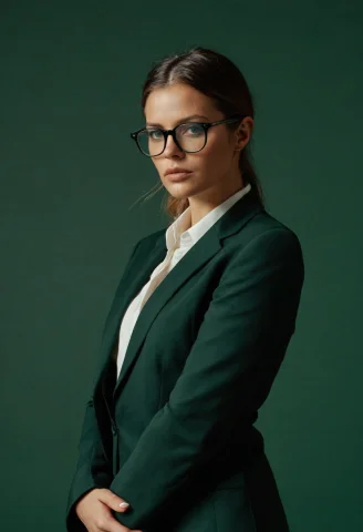 Portrait Of Woman In Glasses And Suit, Dark Green Background... — SDXL AI Prompt: portrait of woman in glasses and suit, dark green background, minimalism, fashio...