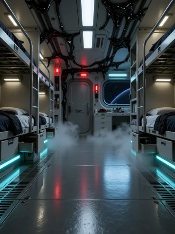 3d3nsh1p, Cr3wqu4rt3rs, Very Low Floor-level View Of The Sam... — Stable Diffusion AI Prompt: 3d3nsh1p, cr3wqu4rt3rs, very low floor-level view of the same crew quarters insi...