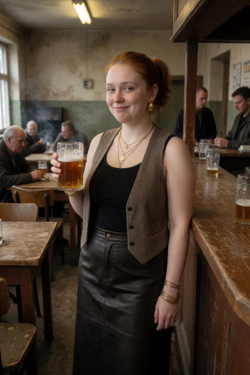 Young Woman Waitress, Beer Glas In Hand, Short Full-size Fig...