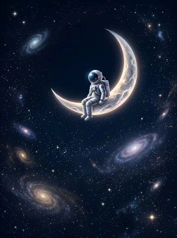 A Tiny Astronaut Sitting On A Crescent Moon, Endless Midnigh... — Stable Diffusion AI Prompt: A tiny astronaut sitting on a crescent moon, endless midnight blue universe, del...