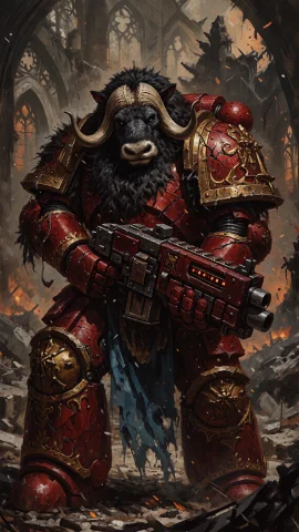 An Adult Anthropomorphic Muskox Warrior Stands Amidst The Sm... — Stable Diffusion AI Prompt: An adult anthropomorphic muskox warrior stands amidst the smoldering, gothic rui...
