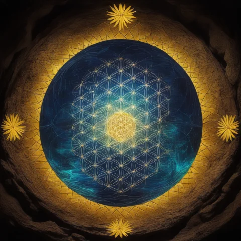 Jfieldguide, Flower Of Life Pattern Overlaid On Composition,... — SDXL AI Prompt: jfield_guide, flower of life pattern overlaid on composition, subterranean caver...