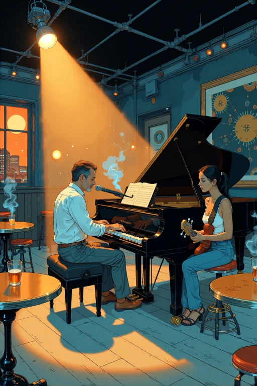 A Jazz Bar At Night, A Pianist In His Fifties At A Grand Pia...