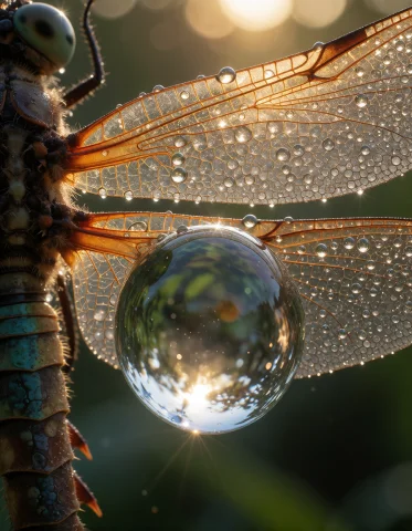 Photorealistic Extreme Close-up Of Dew On A Dragonfly Wing A... — Stable Diffusion AI Prompt: Photorealistic extreme close-up of dew on a dragonfly wing at sunrise, the lands...
