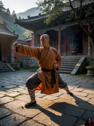 A Cinematic, Photorealistic Scene Of An Adult Shaolin Monk P... — Stable Diffusion AI Prompt: A cinematic, photorealistic scene of an adult Shaolin monk practicing martial ar...