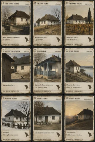 Collectible Cards Of Moldovan Farmhouses, Andrew Wyeth Arch.... — Stable Diffusion AI Prompt: collectible cards of Moldovan farmhouses, Andrew Wyeth arch. style. Trading card...