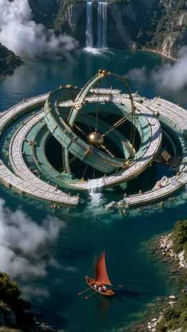 Dcanchfutre. A Steep Aerial View Down Into A Vast Circular L... — Stable Diffusion AI Prompt: dcanchfutre. A steep aerial view down into a vast circular lake of deep turquois...