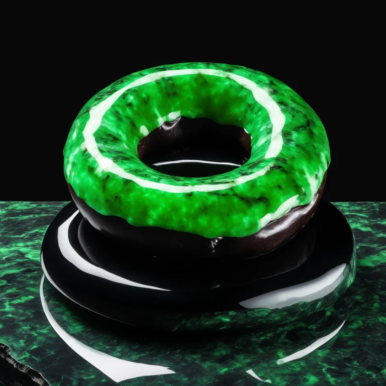 A Donut Carved From Polished Obsidian And Luminous Jade Stan...