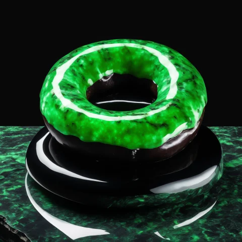 A Donut Carved From Polished Obsidian And Luminous Jade Stan... — SDXL AI Prompt: A donut carved from polished obsidian and luminous jade stands upright with a mi...