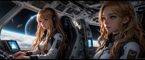 Two Adult Female Humanoid Android Pilots Calmly Prepare A Fu... — SDXL AI Prompt: Two adult female humanoid android pilots calmly prepare a futuristic spaceship f...