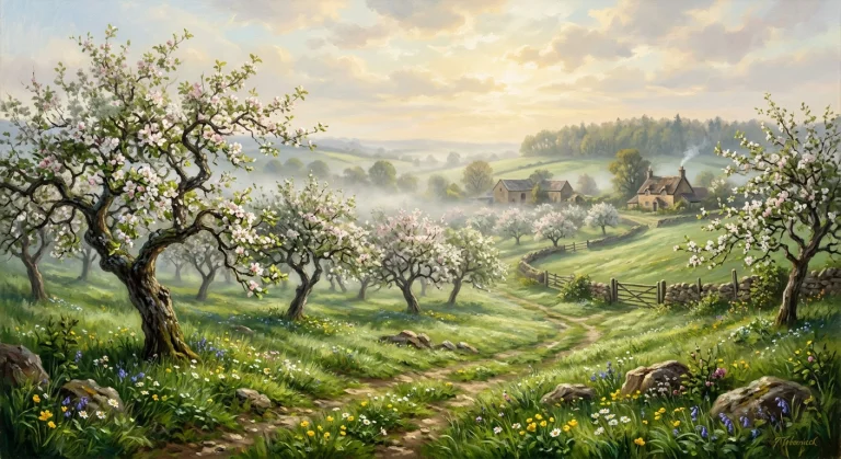 A Cinematic Painterly Landscape Of An Old Countryside Orchar...