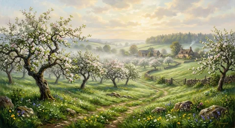 A Cinematic Painterly Landscape Of An Old Countryside Orchar... — Stable Diffusion AI Prompt: A cinematic painterly landscape of an old countryside orchard in early spring. F...