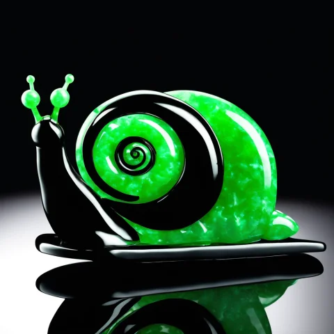 A Single Snail Carved From Polished Obsidian And Green Jade... — SDXL AI Prompt: A single snail carved from polished obsidian and green jade sports an enormous r...