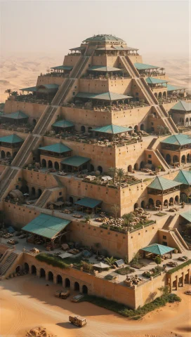 Supergroundview, A Single Colossal Terraced Ziggurat-city As... — Stable Diffusion AI Prompt: supergroundview, a single colossal terraced ziggurat-city ascends through desert...