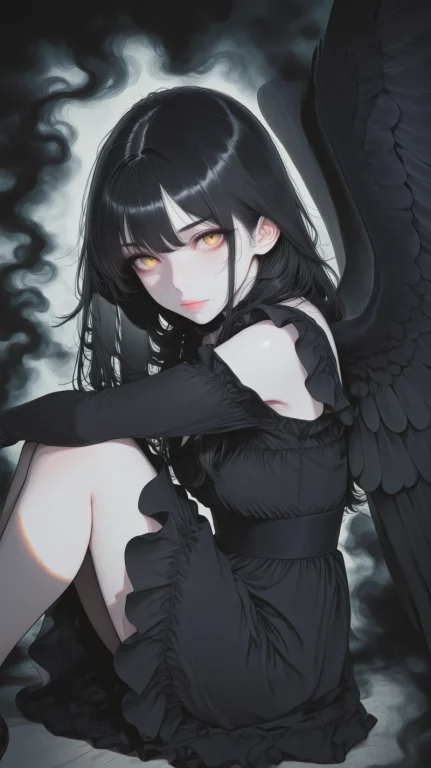 1girl, Solo, Solo Focus, Black Hair, Long Hair, Black Wings,...