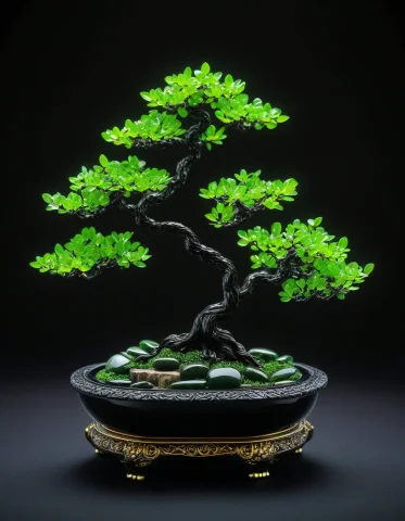 Obsidian Jade Style, A Miniature Japanese Bonsai Tree Sculpt... — Stable Diffusion AI Prompt: obsidian jade style, a miniature Japanese bonsai tree sculpted from twisted glos...