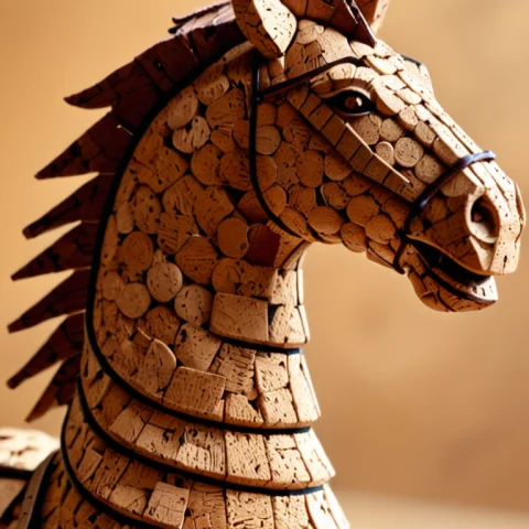 Corkworld, A Close-up Of A Knight Chess Piece Made Of Cork,... — SDXL AI Prompt: corkworld, a close-up of a knight chess piece made of cork, carved horse head, d...