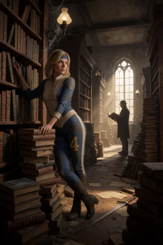 A Blonde In A Worn Blue And Cream Suit Marked With A Gold 4... — Stable Diffusion AI Prompt: A blonde in a worn blue and cream suit marked with a gold 4 leans against a stac...