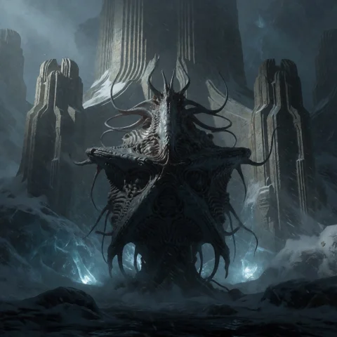 A Solitary Elder Thing Stands Motionless Inside An Abandoned... — Stable Diffusion AI Prompt: A solitary Elder Thing stands motionless inside an abandoned Antarctic megastruc...