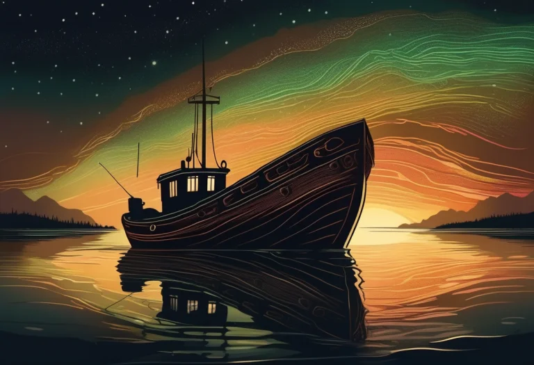 A Leviathan Surfacing Beside A Lone Fishing Boat, Aurora Glo...