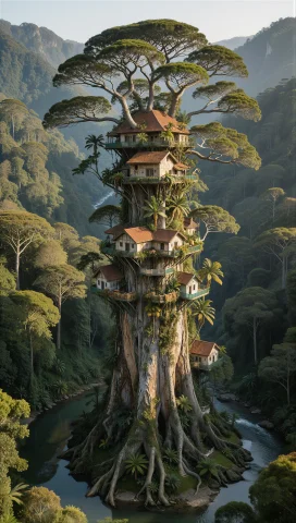 Supergroundview, A Single Colossal Tree-city Trunk Rises Thr... — Stable Diffusion AI Prompt: supergroundview, a single colossal tree-city trunk rises through layered forest...