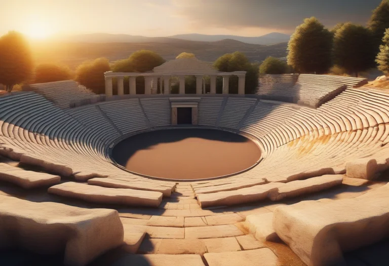 An Ancient Greek Amphitheater At Golden Hour, Warm Ambient G...