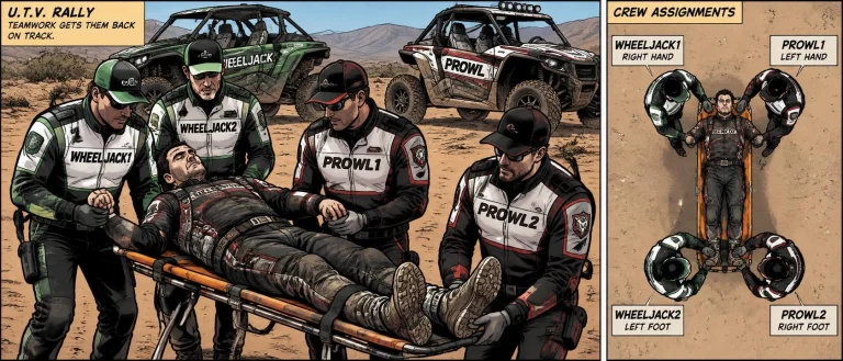 Graphic Novel. Two U.t.v.rally Crews Are Carrying Patient On...