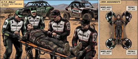 Graphic Novel. Two U.t.v.rally Crews Are Carrying Patient On... — Stable Diffusion AI Prompt: graphic novel. two U.T.V.Rally crews are carrying patient onto a stretcher with...