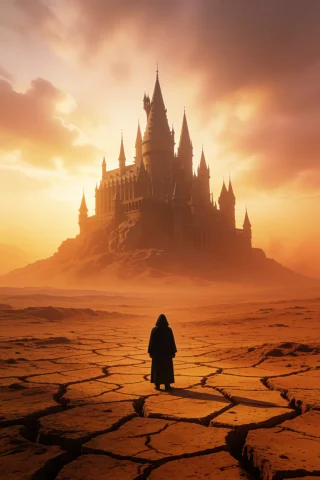 Epic Dark Fantasy Landscape Showing A Lone Figure In A Black... — Stable Diffusion AI Prompt: Epic dark fantasy landscape showing a lone figure in a black hooded cloak standi...