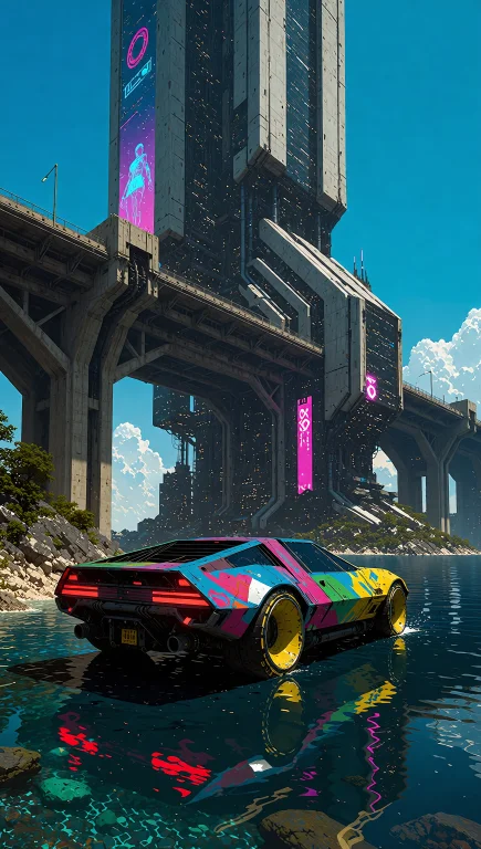 Scifi Car, Cyberpunk City, Water Reflection, Concrete Bridge...