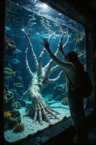 A Public Aquarium Hall After Hours, One Vast Tank Glowing Bl... — Stable Diffusion AI Prompt: A public aquarium hall after hours, one vast tank glowing blue in the empty dark...