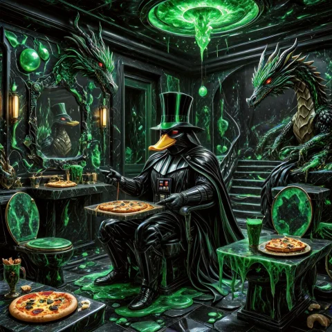 Duck Vader , Dragon With Top Hat, Toilet , Pizza , Duck, Red... — SDXL AI Prompt: Duck vader , dragon with top hat, toilet , Pizza , duck, red eyes, blood planet,...