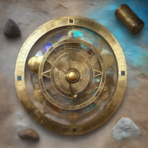 Jinkstyle, Polished Brass Astrolabe, Desert Ruins, Ancient S... — SDXL AI Prompt: jink_style, polished brass astrolabe, desert ruins, ancient stone and brass arti...