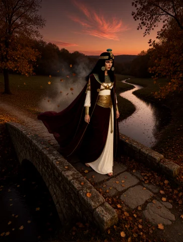 Lora Strides Across A Vintage Stone Bridge Over A Serpentine... — Stable Diffusion AI Prompt: **LORA STRIDES ACROSS A VINTAGE STONE BRIDGE OVER A SERPENTINE STREAM, SURROUNDE...