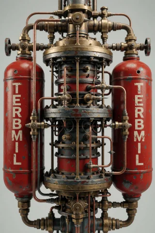 A Complex Mechanical Apparatus Stands Centrally, Flanked By... — Stable Diffusion AI Prompt: A complex mechanical apparatus stands centrally, flanked by two large red canist...