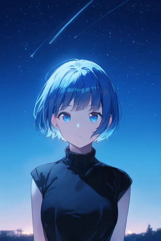 1girl, Upper Body, Short Hair, Blue Hair, Blue Eyes, Black S...