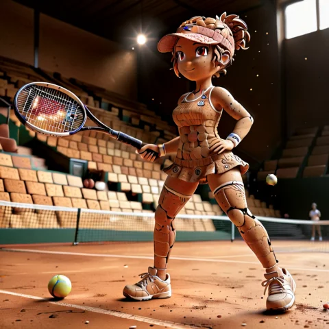 A Tennis Player Made Of Corkworld Morph, Dresses Made Of Org... — SDXL AI Prompt: A tennis player made of corkworld morph, dresses made of organic natural cork wi...
